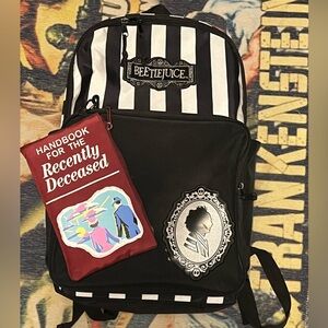 Beetlejuice backpack with Handbook for the Recently Deceased Pouch